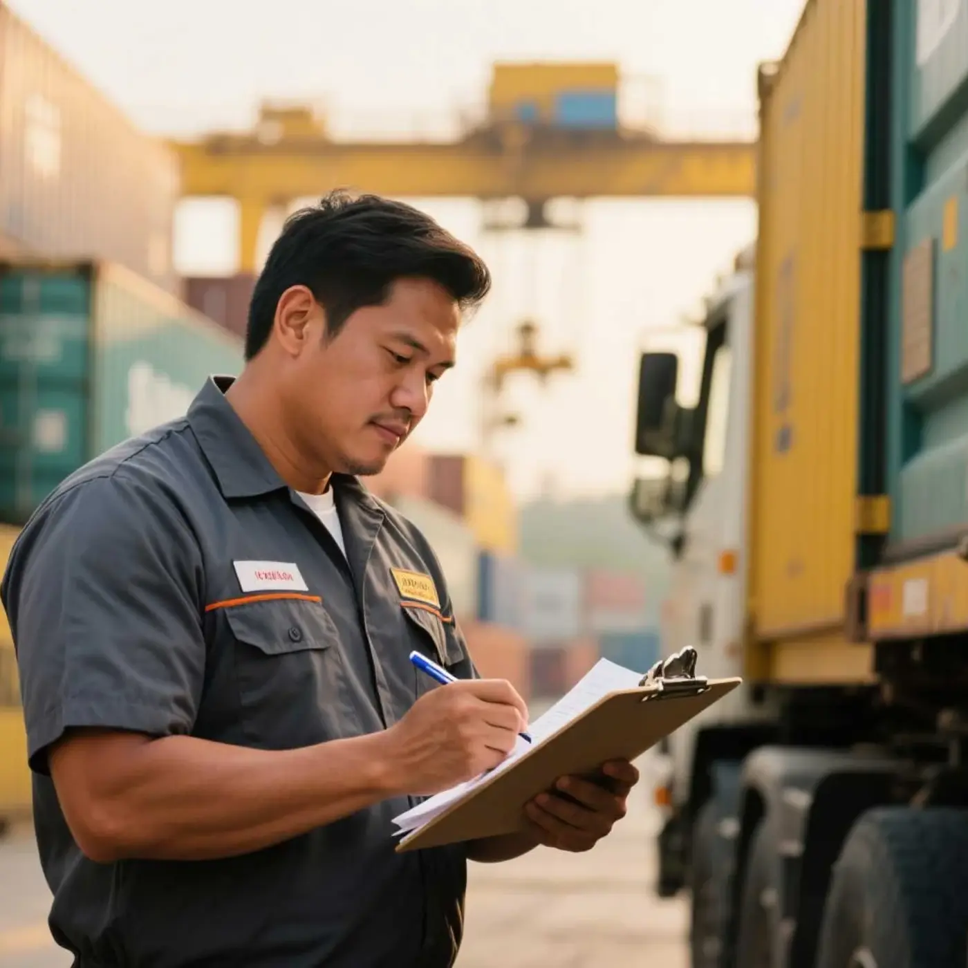 Logistics professional reviewing cargo documentation at a container terminal